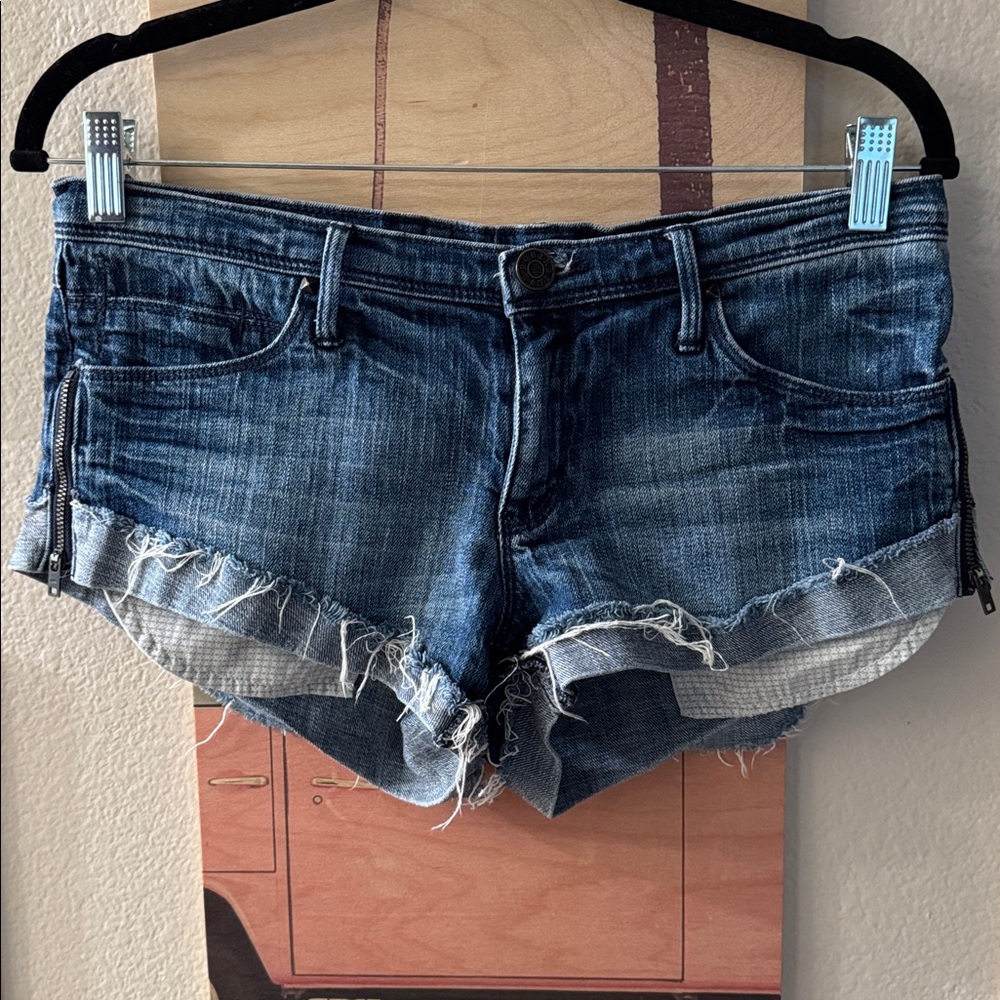 Quicksilver - Distressed Dark Blue Zippered Jean Shorts
